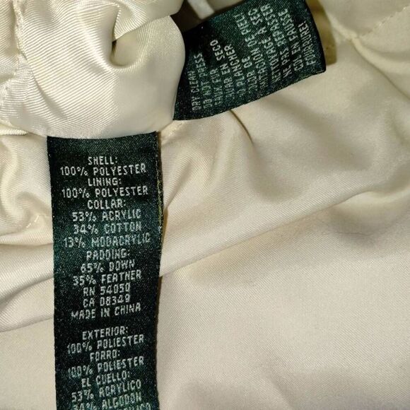 Lauren Ralph Lauren Down Jacket Womens Sz Small Puffer Faux Fur Ivory Zip Preppy - Picture 11 of 14